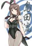  animal_ears bow bowtie brown_eyes brown_hair bunny_ears bunnysuit coattails detached_collar emblem fishnet_pantyhose fishnets girls_und_panzer gloves highres long_hair pantyhose revision selection_university_(emblem) shimada_chiyo solo standing vest wan'yan_aguda wrist_cuffs 