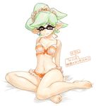  1girl barefoot bow bra domino_mask earrings eyebrows feet frilled_panties frills full_body green_hair hair_bow hotaru_(splatoon) jewelry kabeu_mariko looking_at_viewer mask mole mole_under_eye panties pointy_ears short_hair simple_background smile solo splatoon_(series) splatoon_1 symbol-shaped_pupils tentacle_hair tentacles thick_eyebrows underwear underwear_only white_background yellow_eyes 