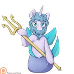  2016 alasou beard blue_eyes blue_hair equine facial_hair hair hi_res horn male mammal melee_weapon my_little_pony patreon polearm poseidon simple_background solo trident unicorn weapon white_background 
