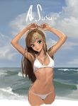  alessandra_susu arms_up bad_id bad_pixiv_id bikini blonde_hair blue_eyes blush breasts cleavage earrings hoop_earrings jewelry long_hair looking_at_viewer medium_breasts navel open_mouth rr_(suisse200) smile solo swimsuit tan tokyo_7th_sisters water 