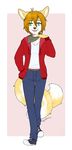  2015 anthro ashura_(character) belt canine clothed clothing fangs fox green_eyes handkerchief hoodie looking_at_viewer male mammal multi_tail rishi-chan simple_background smile solo standing 