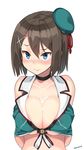  areolae bare_shoulders blue_eyes blush breasts brown_hair choker cleavage collarbone condensed_milk covered_nipples hair_between_eyes hair_ornament hairclip hands_on_own_chest hat highres kantai_collection kuro_chairo_no_neko large_breasts looking_to_the_side maya_(kantai_collection) mini_hat remodel_(kantai_collection) sexually_suggestive short_hair simple_background sleeveless solo suggestive_fluid twitter_username upper_body white_background x_hair_ornament 