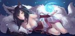  ahri animal_ears bare_shoulders black_hair breasts cleavage detached_sleeves facial_mark fox_ears fox_tail highres large_breasts league_of_legends long_hair looking_at_viewer lying multiple_tails nail_polish on_side red_nails riffey solo tail whisker_markings yellow_eyes 