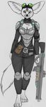  anthro armor breasts canine clothed clothing cyberpunk eyewear female fenec fennec fox fur goggles gun looking_at_viewer mammal nukenugget ranged_weapon science_fiction simple_background smile solo weapon 