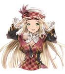  77gl blonde_hair bow cleavage_cutout commentary_request diola_(granblue_fantasy) dress frilled_sleeves frills granblue_fantasy green_eyes hat hat_bow long_hair looking_at_viewer open_mouth plaid plaid_shirt shirt solo white_background 