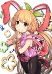  &gt;:) animal_ears bad_id bad_pixiv_id bare_shoulders belt black_legwear blush brown_eyes brown_hair bunny_ears closed_mouth dice_hair_ornament finger_to_mouth futaba_anzu granblue_fantasy hair_ornament idolmaster idolmaster_cinderella_girls long_hair looking_at_viewer low_twintails pantyhose simple_background smile solo syoka_(bibliotheca1) tareme twintails v v-shaped_eyebrows very_long_hair white_background 