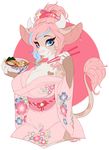  anthro big_breasts blue_eyes bovine breasts cattle cleavage clothed clothing cute ear_piercing female food fur hair horn japanese_clothing kimono looking_at_viewer mammal noodles piercing pink_hair pollo-chan ramen solo 