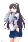  adjusting_eyewear bare_legs black_hair blue_eyes flying_sweatdrops glasses hairband headband highres hip_vent kantai_collection kodera_ju legs long_hair long_sleeves looking_at_viewer looking_to_the_side ooyodo_(kantai_collection) open_mouth school_uniform serafuku short_over_long_sleeves short_sleeves side_cutout simple_background solo standing twitter_username white_background 