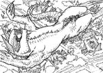  ambiguous_gender black_and_white claws destruction dungeons_&amp;_dragons elpandamangrande feral horn ink lying macro monochrome on_back reptile scalie tarrasque teeth traditional_media_(artwork) village 