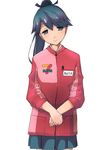  7-eleven alternate_costume blue_hair employee_uniform hair_ribbon houshou_(kantai_collection) isshitaira kantai_collection long_hair long_sleeves looking_at_viewer name_tag pleated_skirt ponytail ribbon simple_background skirt smile solo uniform white_background 