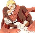  1girl bandages black_hair blonde_hair blush closed_eyes couple hetero highres hug hyuuga_hinata long_hair naruto:_the_last naruto_(series) pregnant red_scarf scarf shared_scarf tears toco_(love-hmhm-tocotoco) uzumaki_naruto whisker_markings 