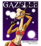  2016 amber_eyes antelope anthro border disney female gazelle gazelle_(zootopia) hair hair_over_eye hand_behind_head hirohusky horn jewelry looking_at_viewer mammal microphone navel necklace raised_arm smile text zootopia 