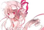  blonde_hair cierra_(ra-bit) face flandre_scarlet hat hat_ribbon long_hair looking_at_viewer mob_cap off_shoulder portrait puffy_sleeves red_eyes ribbon short_sleeves side_ponytail simple_background solo touhou white_background 