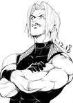  bangs crossed_arms facial_hair gloves greyscale looking_back male_focus monochrome muscle mustache parted_bangs profile rugal_bernstein simple_background solo tank_top the_king_of_fighters white_background yiran_kong_xian 