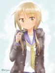  blonde_hair blush ichii_yui jacket long_hair low_twintails playing_with_own_hair school_uniform school_uniform_(yuyushiki) serafuku smile solo twintails twitter_username unyon yellow_eyes yuyushiki 