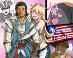  1girl 3boys :d achilles_davenport assassin's_creed_(series) blonde_hair blush brown_hair character_name commentary_request connor_kenway crossover detached_sleeves haytham_kenway headgear highres hug hug_from_behind iowa_(kantai_collection) jewelry kantai_collection long_hair multiple_boys necklace open_mouth pitcairn_meusel silver_hair sketch smile star star-shaped_pupils sweat symbol-shaped_pupils tan translation_request 