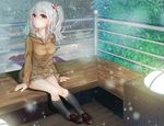  alternate_costume bad_id bad_pixiv_id grey_legwear hakuishi_aoi kantai_collection kashima_(kantai_collection) kneehighs knees_together loafers looking_away pleated_skirt railing shoes short_hair short_twintails sitting skirt snowing solo twintails wavy_hair 