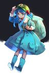  backpack bag blue_eyes blue_footwear blue_hair boots full_body hair_bobbles hair_ornament hat highres kawashiro_nitori key long_sleeves looking_at_viewer nanbo_ataru_(attall) rubber_boots shirt skirt skirt_set smile solo string touhou twintails 