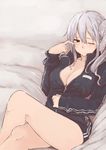  bangs bed_sheet black_jacket breasts cleavage clenched_hand crossed_legs drill_hair finger_to_eye hair_between_eyes half-closed_eye hand_on_own_stomach highres jacket large_breasts light_frown long_sleeves naked_track_jacket one_eye_closed original rucchiifu side_drill silver_hair solo track_jacket 