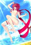  bare_legs beach bikini blade_(soccer_spirits) blush breasts day highres large_breasts long_hair looking_at_viewer open_mouth outdoors reason_(ficafe) red_eyes red_hair scarf side-tie_bikini soccer_spirits solo striped striped_bikini swimsuit untied untied_bikini water wet 