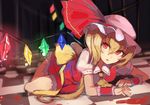  ascot blonde_hair blood checkered checkered_floor colorized crystal flandre_scarlet hat hat_ribbon long_hair lying mob_cap nakaichi_(ridil) on_floor open_mouth puffy_sleeves red_eyes ribbon sash shirt short_sleeves side_ponytail sketch skirt skirt_set solo touhou vest wings wrist_cuffs 