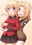  :o ;d black_skirt blonde_hair blue_eyes blush bomber_jacket cup darjeeling girls_und_panzer hand_on_another's_shoulder hand_on_shoulder highres jacket kapatarou kay_(girls_und_panzer) long_hair looking_at_viewer military military_uniform multiple_girls one_eye_closed open_mouth pleated_skirt saucer saunders_military_uniform short_hair short_shorts shorts shy skirt smile st._gloriana's_military_uniform star teacup thighhighs uniform white_legwear yuri 
