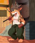 arm_wraps bandanna barefoot belly_wraps clothed clothing cub digitigrade dragon fist gloves hammer holding_object holding_weapon horn male moki overalls oversized_weapon scalie solo standing tattoo tools topless towel weapon wraps young 