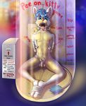  anthro balls blue_hair bound chain chastity chastity_cage fangs feline fur hair looking_at_viewer male mammal myaddib navel nipple_piercing nipples nude open_mouth piercing pubes public_use sitting solo teeth tongue tongue_out tongue_piercing urine watersports wolfurryon 