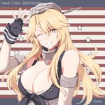  blonde_hair breasts cleavage fingerless_gloves gloves headgear iowa_(kantai_collection) kantai_collection large_breasts long_hair manaka_(gunjooou) smile solo star star-shaped_pupils symbol-shaped_pupils 