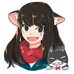  :d animal_ears brown_eyes brown_hair cat cat_ears fang long_hair looking_at_viewer open_mouth original scarf smile solo tuxedo_de_cat white_background 