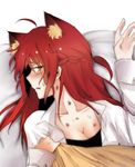  blush breasts cleavage elesis_(elsword) elsword lifeaini long_hair medium_breasts red_eyes red_hair solo 