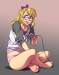  barefoot belly blonde_hair blush collarbone controller feet feguimel full_body glasses hair_ribbon highres indian_style navel open_mouth original panties purple_eyes ribbon simple_background sitting soles solo striped striped_panties toe_scrunch toenail_polish toenails toes underwear 