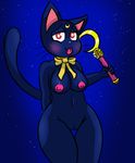  anthro black_fur blush bow breasts cat feline fur iguanasarecool luna_(sailor_moon) mammal markings night nipples red_eyes sailor_moon_(series) wand whiskers 