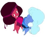  alien big_breasts blue_hair blue_skin blush breast_squish breasts breasts_frottage cleavage clothed clothing duo female gem_(species) grin hair hair_over_eye high-angle_view high_heels hoshime not_furry red_hair red_skin ruby_(steven_universe) sapphire_(steven_universe) short_stack smut-valerian steven_universe 