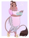  2016 apron batter big_breasts bovine bowl breasts brown_hair cattle cleavage clothed clothing dark_skin eyewear fangdangler female floppy_ears glasses gloria_cow hair hi_res horn mammal mature_female pants pink_nose shirt short_hair slipper smile solo standing thick_thighs tight_clothing voluptuous wide_hips 