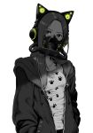  1girl absurdres animal_ears axent_wear bangs breasts cat_ear_headphones cat_ears collarbone fake_animal_ears forehead gas_mask hands_in_pockets headphones highres hood hood_down hoodie long_hair looking_at_viewer monochrome open_clothes open_hoodie original parted_bangs small_breasts solo spot_color ume_(yume_uta_da) white_background 