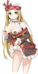  bare_shoulders blonde_hair breasts breasts_outside cucumber diola_(granblue_fantasy) granblue_fantasy green_eyes hat long_hair medium_breasts simple_background smile solo totto white_background 