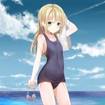  arm_up armpit_peek bangs bare_arms bare_shoulders black_school_swimsuit black_swimsuit blonde_hair blue_sky blush breasts cloud collarbone cowboy_shot day eyebrows_visible_through_hair goggles goggles_removed green_eyes highres holding holding_goggles holding_towel horizon kattse long_hair looking_at_viewer ocean old_school_swimsuit one-piece_swimsuit original outdoors parted_lips school_swimsuit sky small_breasts solo standing swimsuit towel water wet white_towel 