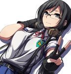  black_hair breasts commentary_request dutch_angle fingerless_gloves glasses gloves grey_eyes headphones headphones_around_neck long_hair looking_at_viewer medium_breasts rick_g_earth sabae_shizuka sblack school_uniform simple_background solo v white_background 