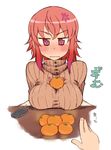  annoyed blush breasts food fruit kusanagi_tonbo mandarin_orange medium_breasts original red_eyes red_hair short_hair solo_focus turtleneck 