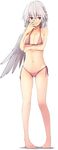  bare_arms bare_legs bare_shoulders barefoot bikini blush braid breast_hold breasts cleavage closed_mouth collarbone covering_face embarrassed french_braid frown full_body kamukamu_(ars) kishin_sagume large_breasts legs_apart looking_at_viewer midriff navel pink_bikini red_eyes ribbon short_hair side-tie_bikini sideboob silver_hair single_wing solo standing stomach swimsuit thighs touhou tsurime underboob white_background white_wings wings 