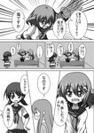  alternate_costume alternate_hairstyle bangs bed chibi closed_eyes comic commentary fang greyscale hair_down hair_ornament hairpin ikazuchi_(kantai_collection) inazuma_(kantai_collection) kantai_collection long_hair low_twintails meitoro monochrome multiple_girls nanodesu_(phrase) pajamas pleated_skirt shirayuki_(kantai_collection) short_twintails sitting skirt standing sweatdrop translated twintails 