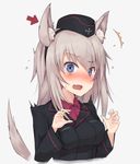  /\/\/\ 1girl animal_ears blush directional_arrow dog_ears dog_tail embarrassed fake_animal_ears girls_und_panzer hat itsumi_erika looking_at_viewer metindone military military_uniform open_mouth short_hair silver_hair simple_background solo surprised tail uniform 
