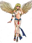  artist_request blonde_hair blue_eyes breasts breath_of_fire breath_of_fire_6 full_body highres large_breasts legs long_hair midriff navel nina_(breath_of_fire_6) solo toes underboob white_background wings 