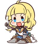  anpolly armor armored_dress blonde_hair blue_eyes bodysuit chibi fencer_(sekaiju) frilled_skirt frills gauntlets gloves greaves lowres open_mouth sekaiju_no_meikyuu sekaiju_no_meikyuu_5 short_twintails sitting skirt smile solo transparent_background twintails 