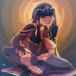  arm_support between_toes black_hair blurry bodystocking depth_of_field feet feet_together fire_emblem fire_emblem:_kakusei hime_cut looking_at_viewer nintendo no_shoes pov_feet scamwich smile soles solo tharja tiara toeless_legwear toes 