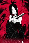  arachne_(soul_eater) bare_shoulders black_hair breasts bug check_artist cleavage dress fan hair_bun long_hair medium_breasts monochrome shuri_(84k) silk smile solo soul_eater spider spider_web witch 