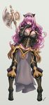  armor axe black_armor breasts camilla_(fire_emblem_if) cleavage fire_emblem fire_emblem_if gloves hair_over_one_eye highres keung_lee large_breasts long_hair purple_eyes purple_hair solo weapon 