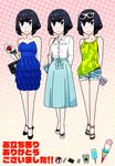  black_hair blue_dress blue_eyes blue_skirt cellphone coat dress dress-up eugenio2nd eyebrows eyewear_on_head food full_body halter_top halterneck ice_cream kill_la_kill kiryuuin_satsuki multiple_views phone shirt short_shorts shorts skirt sunglasses thick_eyebrows 