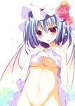  :d bat_wings blue_flower blue_rose blush bottomless breasts dress dress_lift flower groin hat hat_flower highres lifted_by_self medium_breasts midriff mob_cap navel open_mouth out-of-frame_censoring petals red_eyes red_flower red_rose remilia_scarlet rose rose_petals sasayabu shirt shirt_lift short_hair silver_hair sleeveless sleeveless_dress smile solo spikes stomach tareme touhou underboob vampire white_dress white_hat wings 